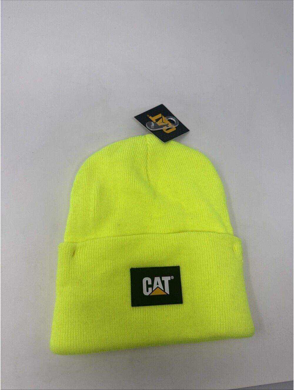 Caterpillar Mens Beanie CAT Cuff Hi Visibility Yellow One Size Hat Patch NEW
